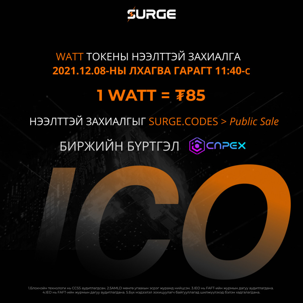 Эрчим хүчний дэд бүтцийн төвлөрлийг сарниах Surge WATT-ийн нээлттэй захиалга эхэлнэ