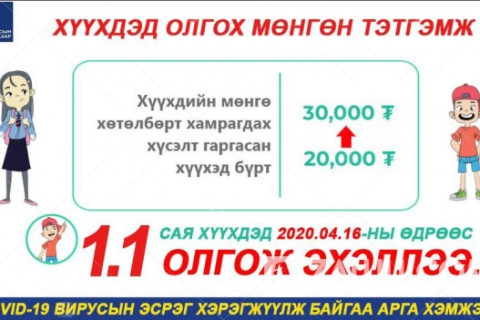 Хүүхдийн мөнгийг 30,000 төгрөг болгож, өнөөдрөөс олгож эхэлжээ